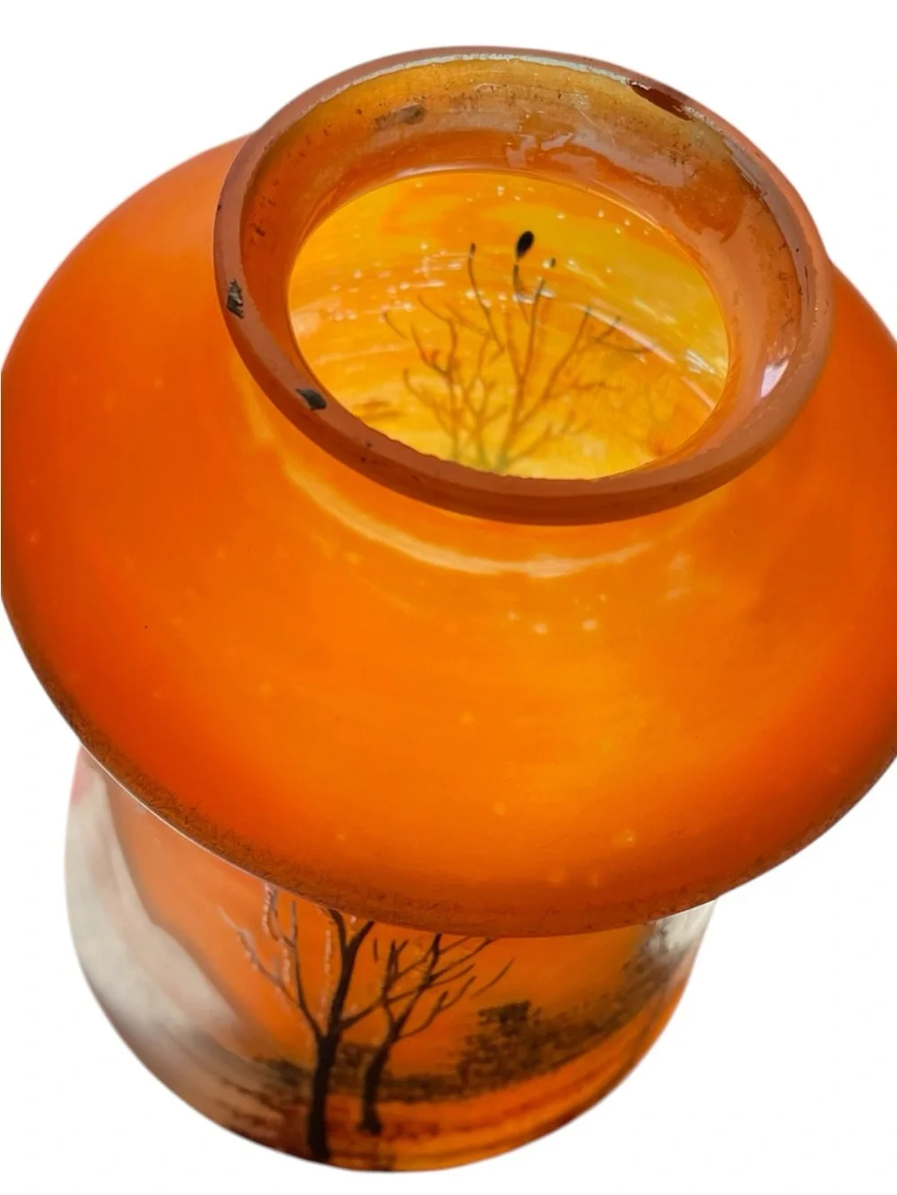 Carnival glass lamp shade from the early 1900’s, depicts a winter scene
